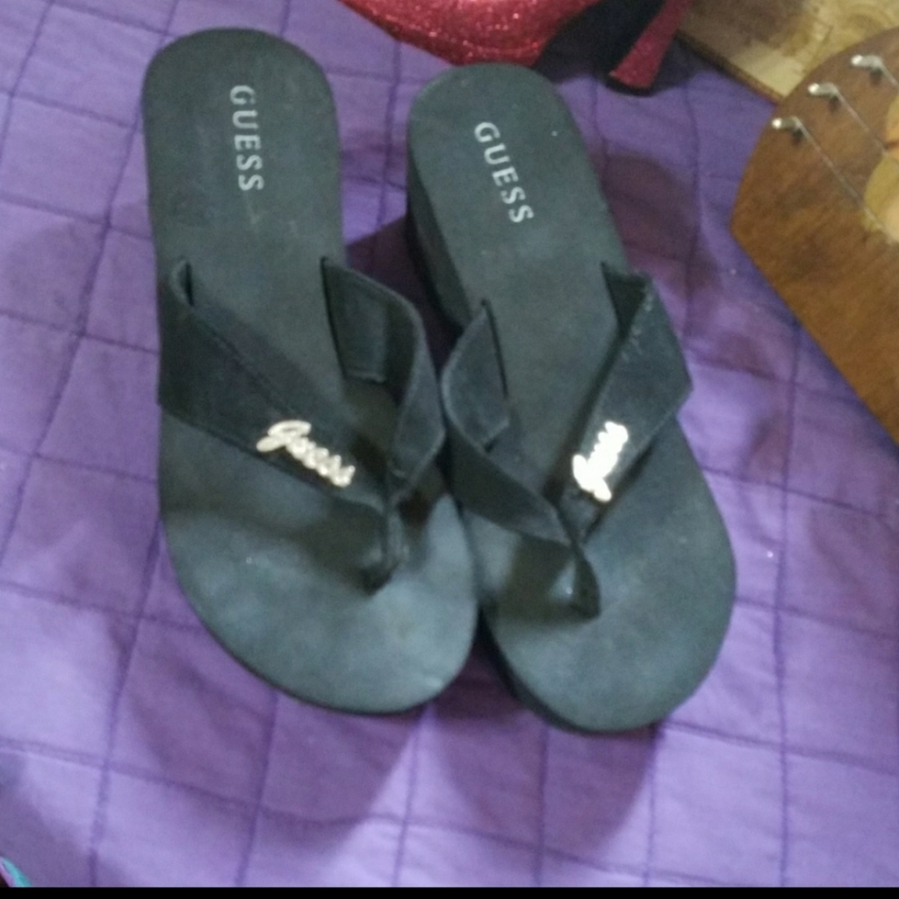 Guess bling flip flops with wedge heels